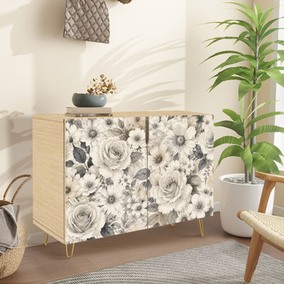 Buffet Buffet avec rangement Vintage Floral Roses Daisies sépia avec 2 portes pour le salon et la cuisine