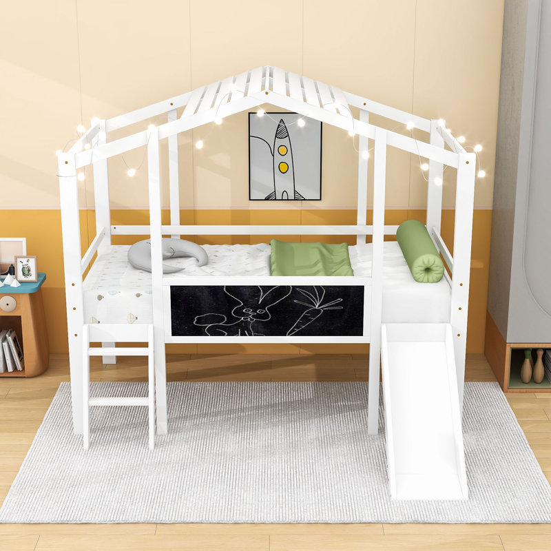 Lit mezzanine simple en bois avec bande lumineuse, glissade intégrée et tableau noir, Blanc