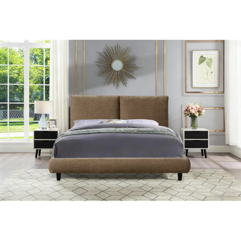 Lit plateforme tapissier moderne avec tête de lit à couture verticale, cadre de lit en tissu, aucun sommier requis, bronze, lit double
