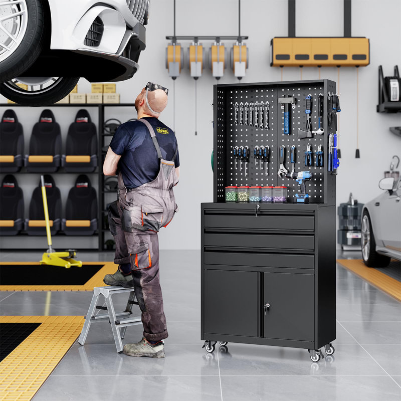 Metal Garage Storage Cabinet With Wheels,3-Drawer Rolling Tool Cabinet With 2 Door And Adjustable Shelves,- 71" Steel Tool Cabinet For Warehouse,Garage,Workshop