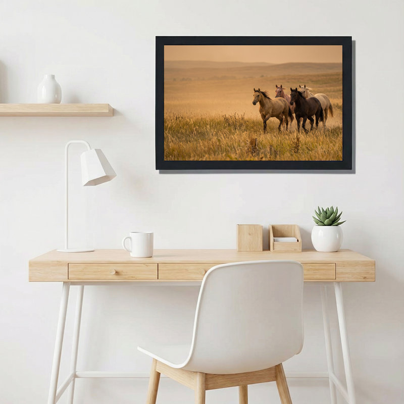 Quatre chevaux qui courent dans un champ doré, art mural, 12"H x 18"W