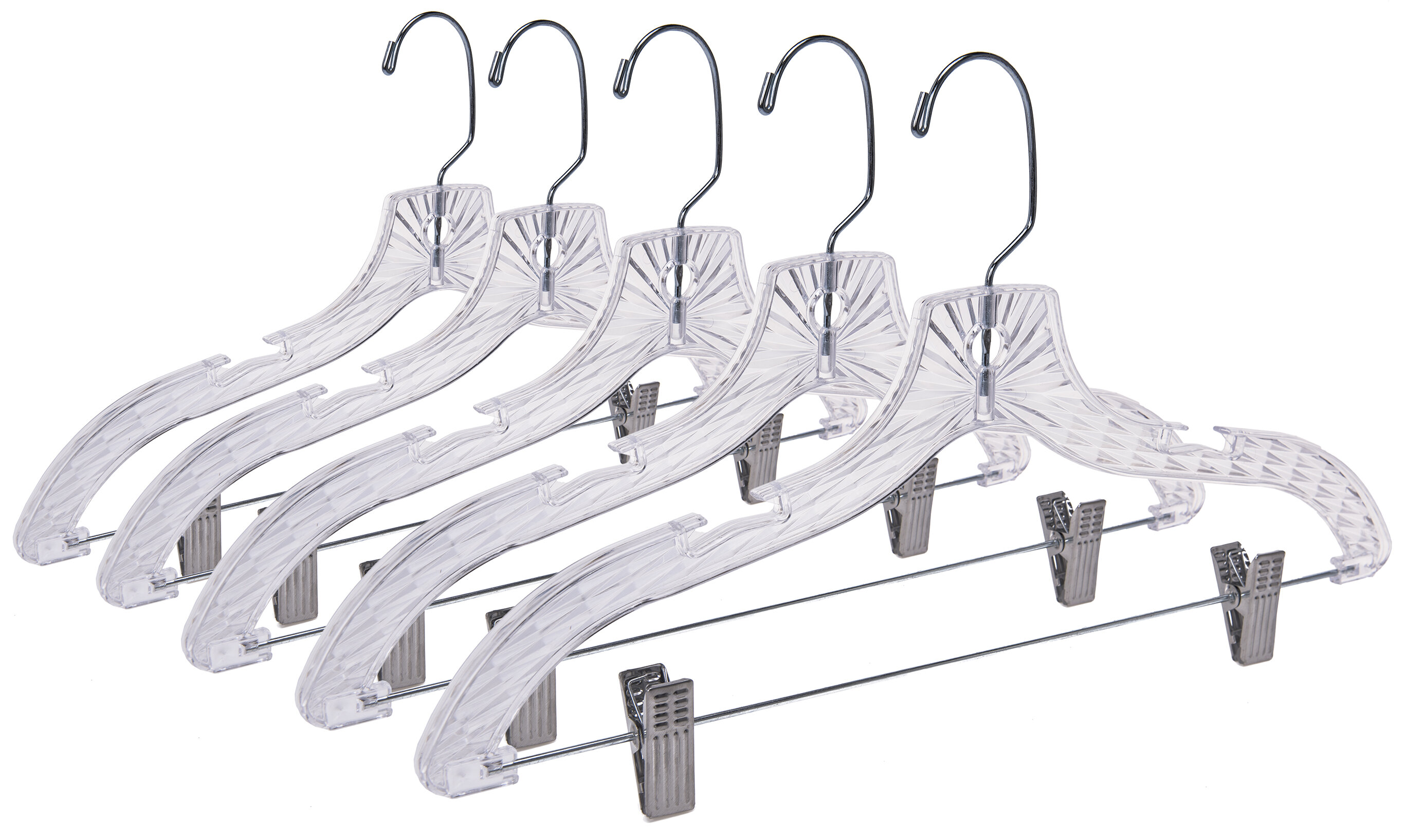 Quality Hangers 12 Pack Clear Plastic Skirt Hangers - Crystal Cut Pants  Hangers - Durable Plastic Hanger Set - Dress Hangers with Adjustable Clips  