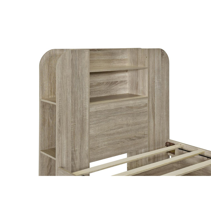 Structure de lit plateforme avec rangement à deux tiroirs et bande de lumière dans la tête de lit, chêne