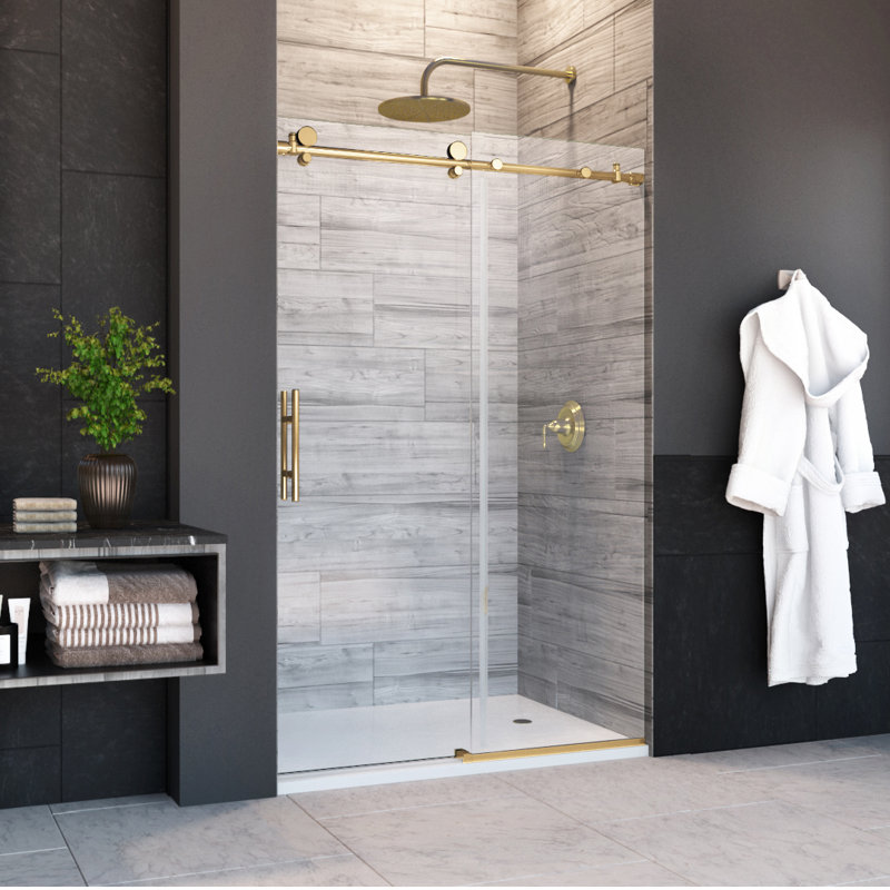 Porte de douche coulissante sans cadre l 48 po x H 76 po Eclipse en or brossé avec verre transparent épais de 3/8 po (10 mm)