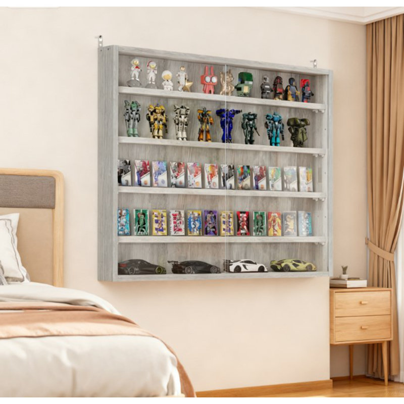 Vitrine murale, vitrine à 5 niveaux avec 2 portes en verre et tablettes réglables, Gris