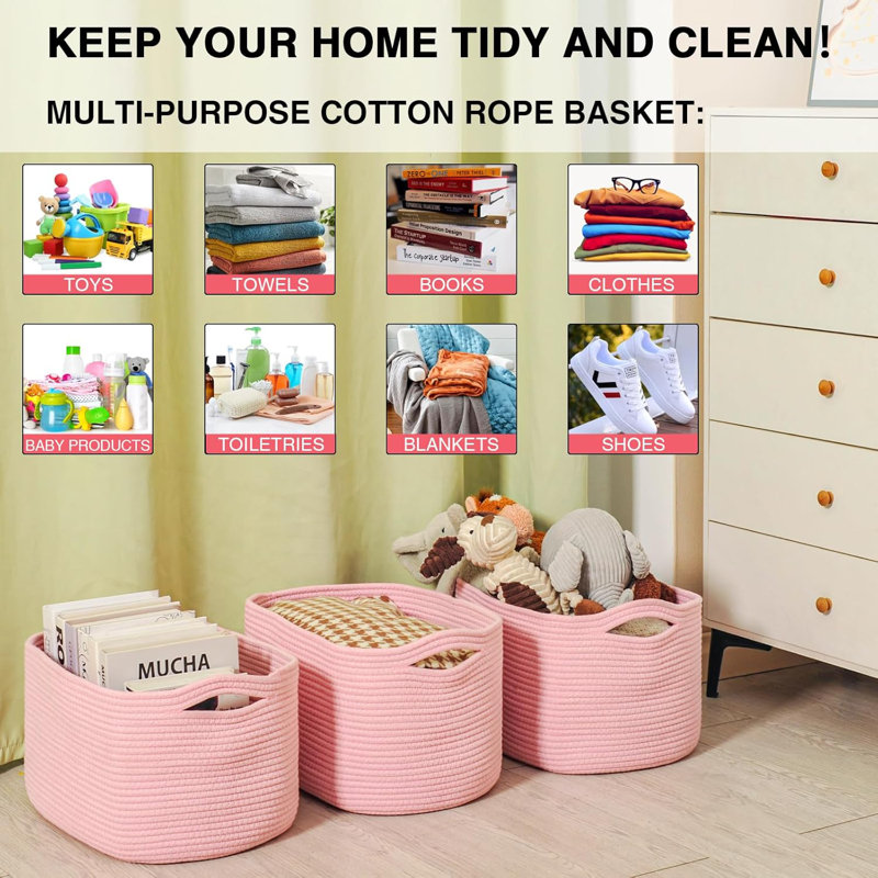 3-pack Pink Woven Rope Storage Baskets Light Pink