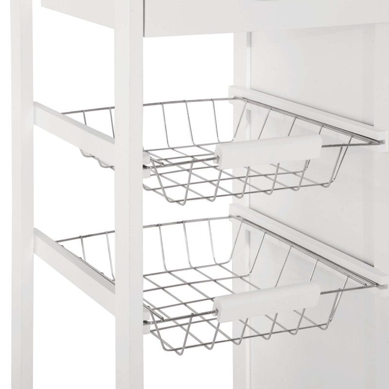 Îlot de cuisine 28 po avec rangement, chariot de cuisine avec plateau en bambou massif, panier grillagé, armoire de porte et tiroirs, blanc