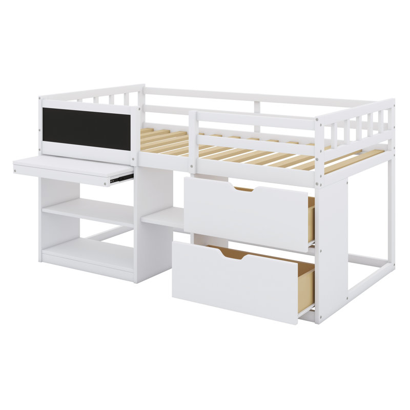 Lit mezzanine bas avec bureau roulant, tablette et tiroirs, Blanc