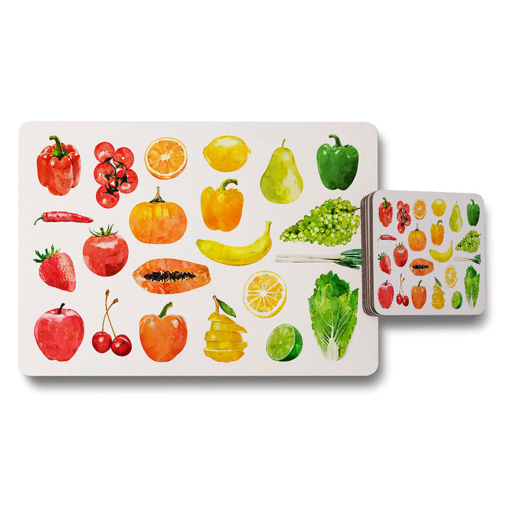 Fruit and Vegetable Watercolor Placemat and Coaster Set