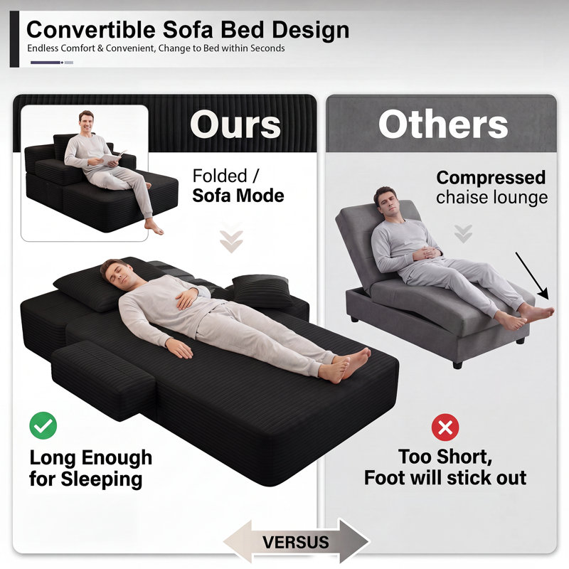 Ensemble 2 pièces de chaise longue en velours côtelé désossé, canapé-lit convertible avec poches latérales - aucun assemblage requis