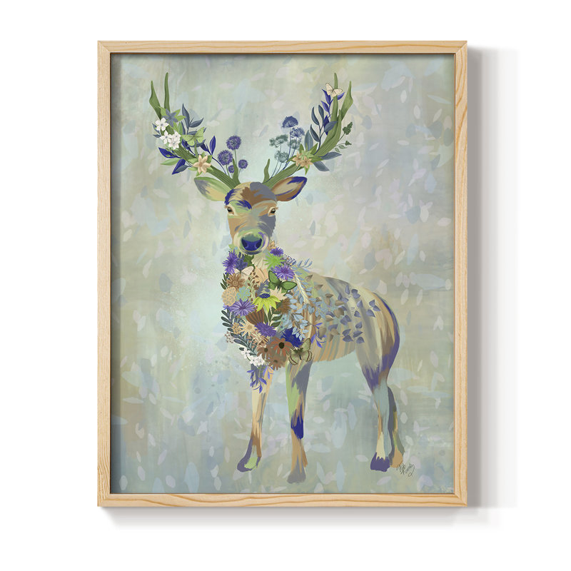 Fantastic Florals Deer, Full Framed Print - Solid Wood, 21" H x 17" W