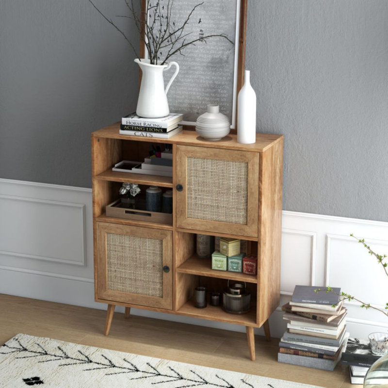 Natural Wood Mid-Century Modern Rattan Door Sideboard