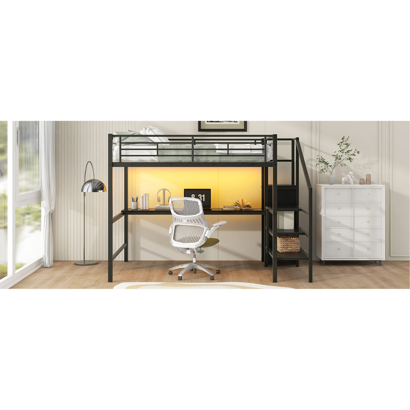 Lit mezzanine double en métal avec bureau, escalier de rangement, petite armoire et lumière DEL, noir