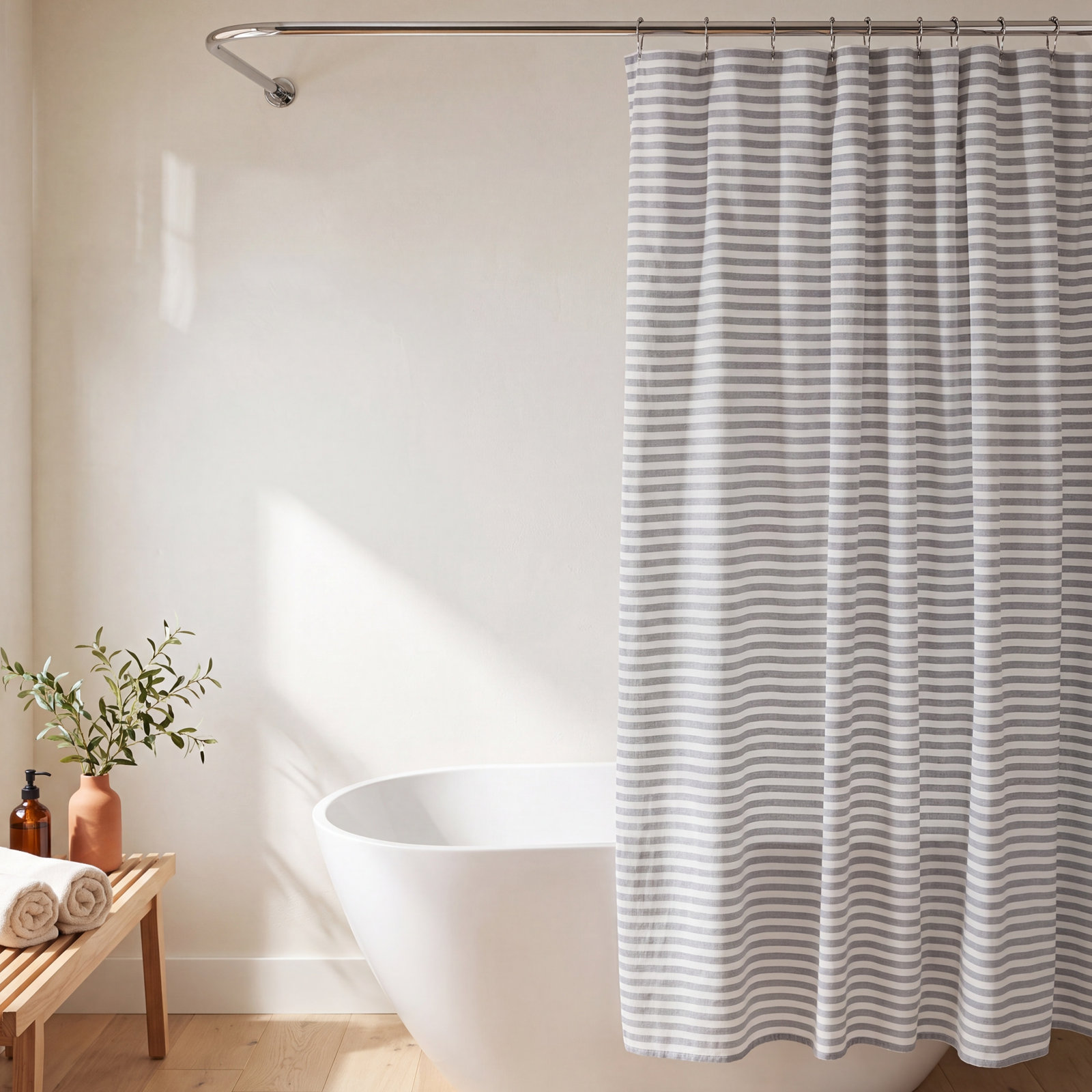 Cotton Blend Shower Curtain, Navy Striped
