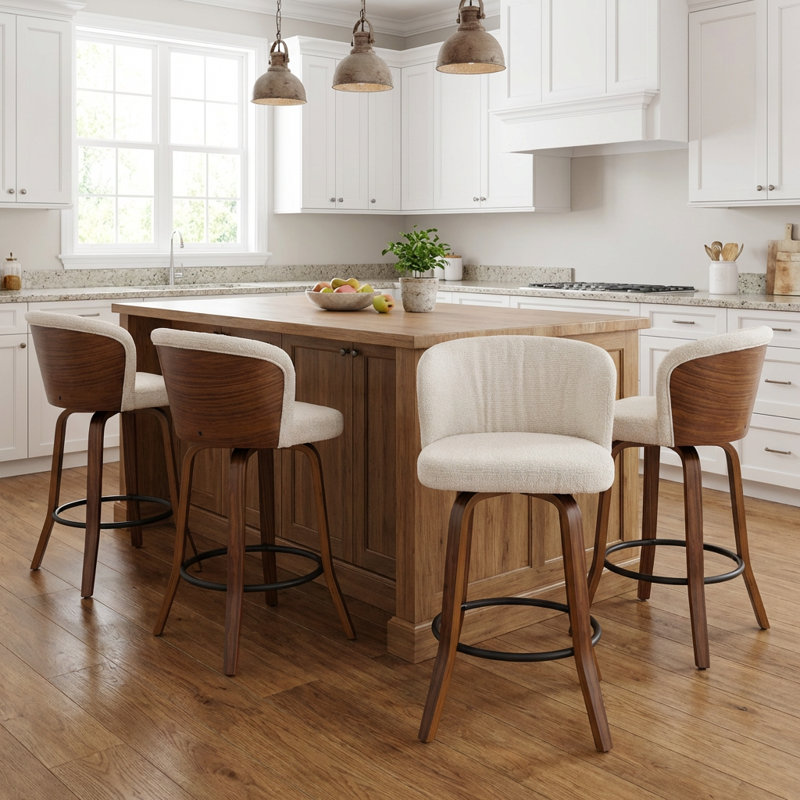 Devault Swivel Upholstered Counter Stool With Wood Frame, Beige