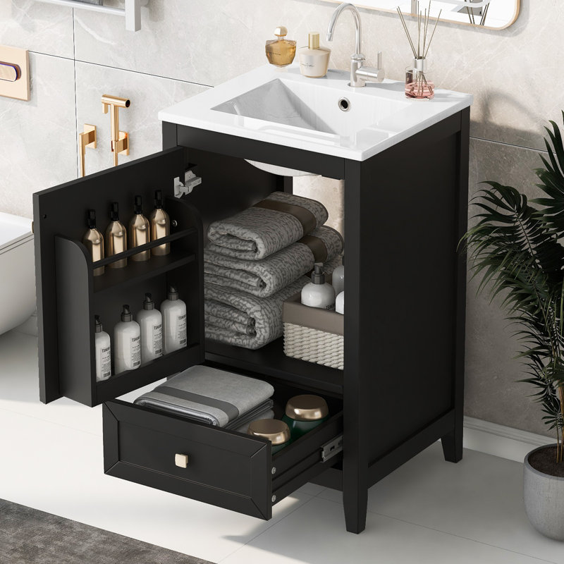 Meuble-lavabo de 20 po avec lavabo en céramique, Noir, noir, noir, noir