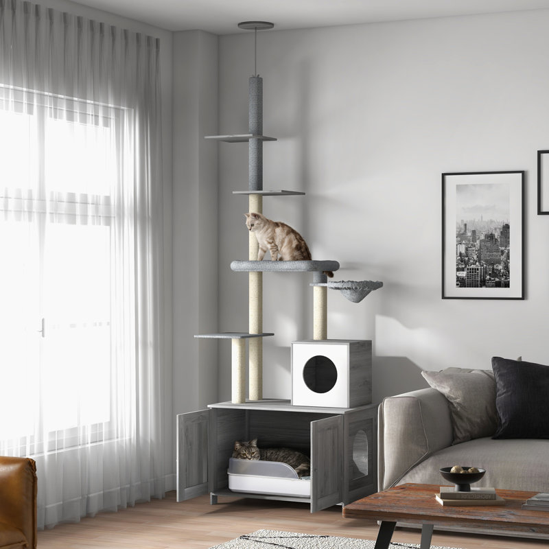 Enceinte de litière pour chat 2 en 1 - gris. Moderne avec lit, poteaux à griffer et plateformes pour chats