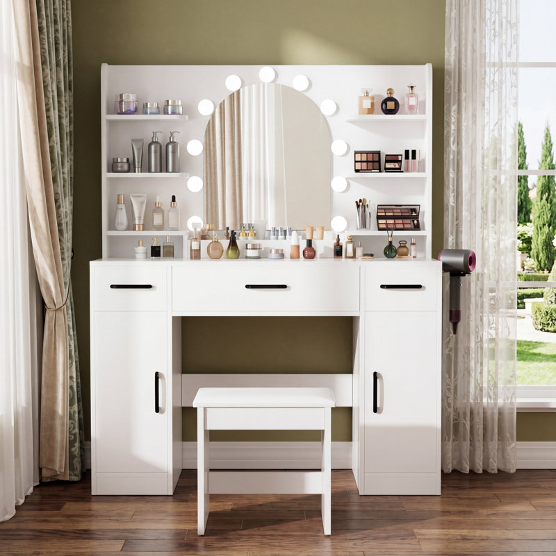Grand bureau de coiffeuse avec miroir et 10 lumières DEL, 3 tiroirs et 2 tablettes, 3 luminaires réglables pour la chambre à coucher