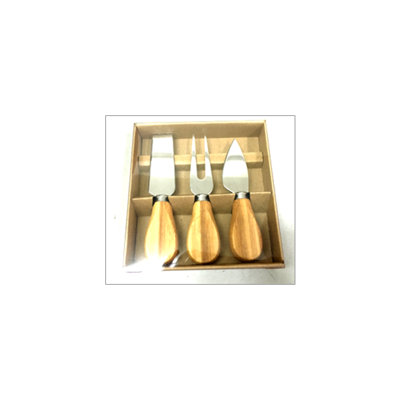 Set Of 3 Bamboo Handled Knife,Fork And Spreader Cheese Tools