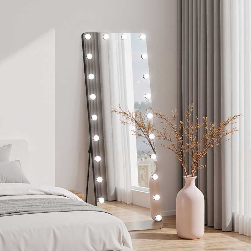Hollywood Style Full Length LED Mirror – Tempered Glass, Exposed Bulb Front Light, 3 Color Modes, Includes Stand, 65"  x 22" 