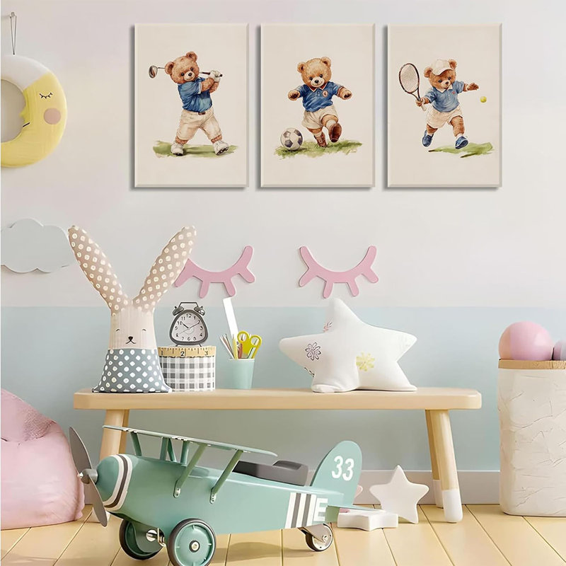 3 Pcs Nursery Teddy Bear Wall Art Kindergarten Football Golf Sports Wall Decor Poster Print Cute Funny Animal Painting Pictures For Kids Bedroom Room