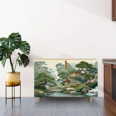 Sideboard Buffet Cabinet with Storage Serene Traditional Asian Landscape Pavilion Pine Trees Waterfall with 2 Doors for Living Room and Kitchen