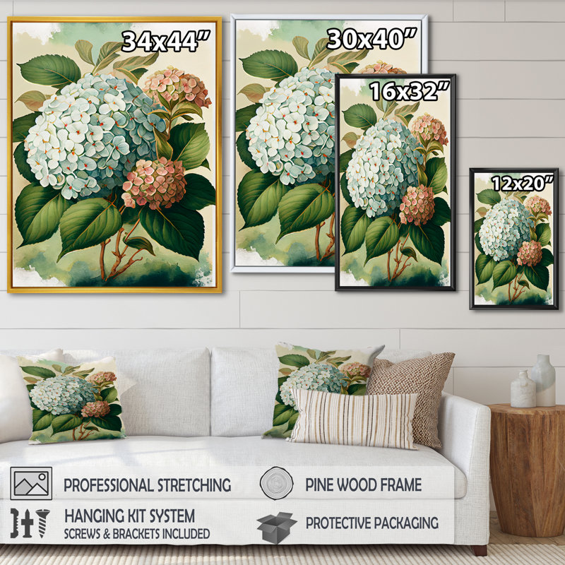Hydrangena bleu rétro II - art mural floral, H 20 po x l 12 po x P 1 po, Toile avec cadre flottant or