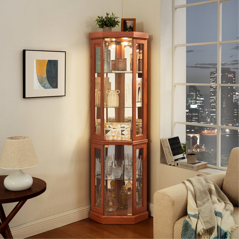 Lighted Dark Oak Corner Curio, Two Side - Hung Glass Doors, Adjustable Shelving, For Cherry Or Themed Living Spaces