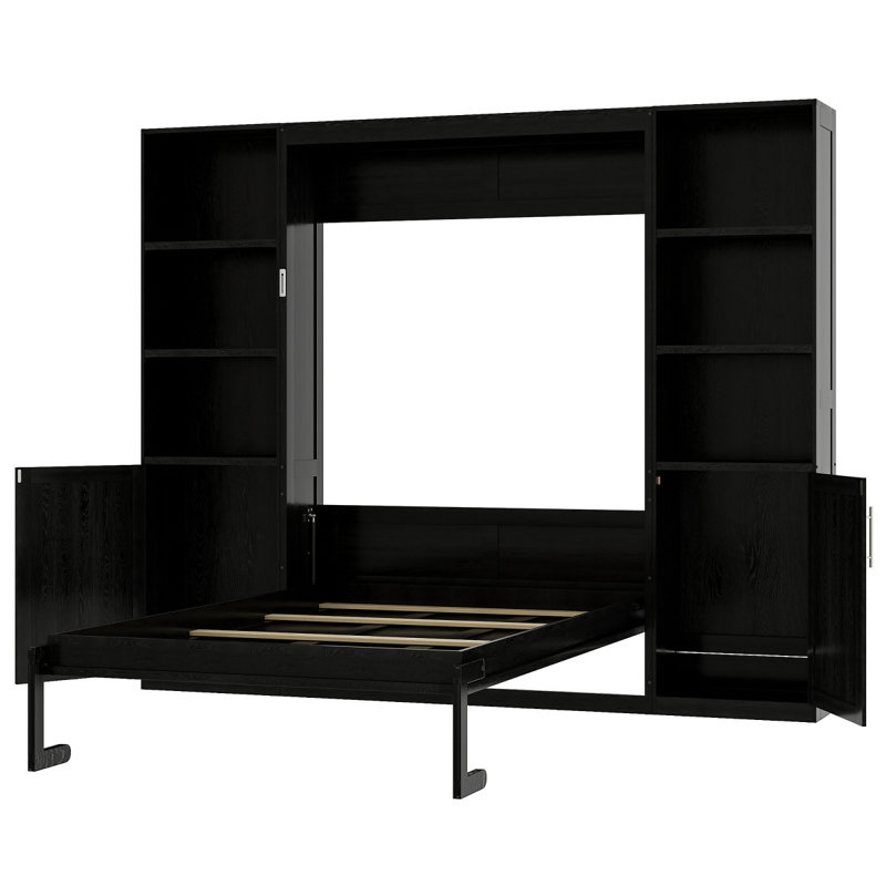 Grand lit escamotable en bois avec tablettes et armoires de rangement, noir, Black