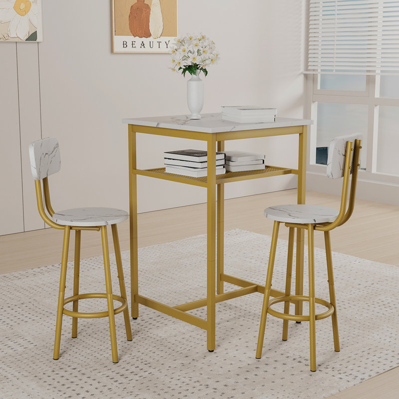 Bar table, equipped with 2 bar stools, White, White, Gold