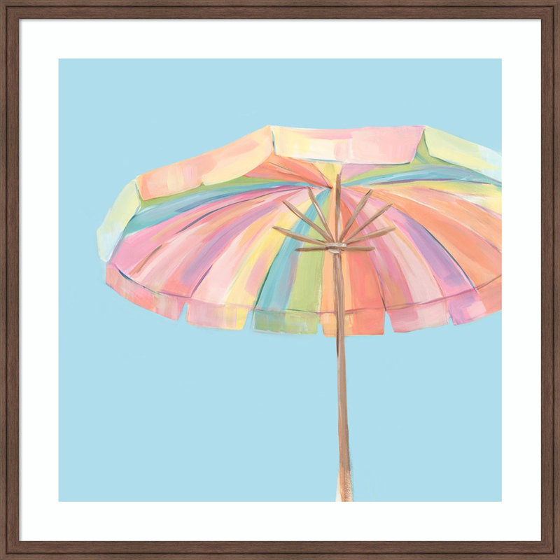 «Colorful Beach Umbrella» par Hannah Dawson, impression sur bois encadrée, Florence Medium Brown