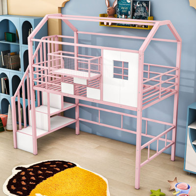 Lit mezzanine simple en métal avec toit et tablettes