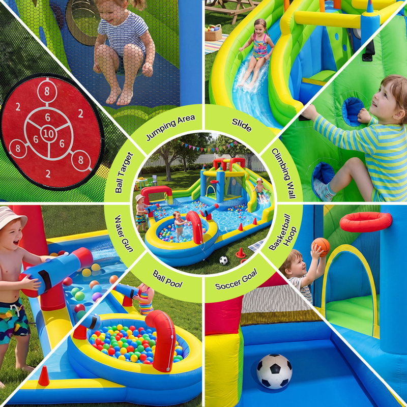 14x17ft Inflatable Bounce House, 8-in-1 Double Water Slides with 750W Air Blower, Climbing Wall, Water Gun, Soccer Goal & Basketball Hoop - Outdoor Backyard Water Park for Kids 3-8