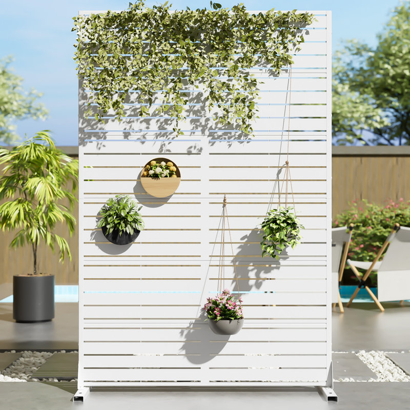 Privacy Metal Screen Fence Panel Horizontal Stripe Pattern, White, 72" H x 47" W