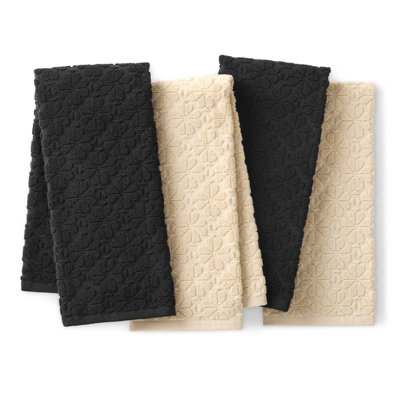 KATE SPADE NEW YORK Spade Flower Jacquard Kitchen Towels 4-Pack Set, Absorbent 100% Cotton, Beige/Black, 17"x28", Beige/Black