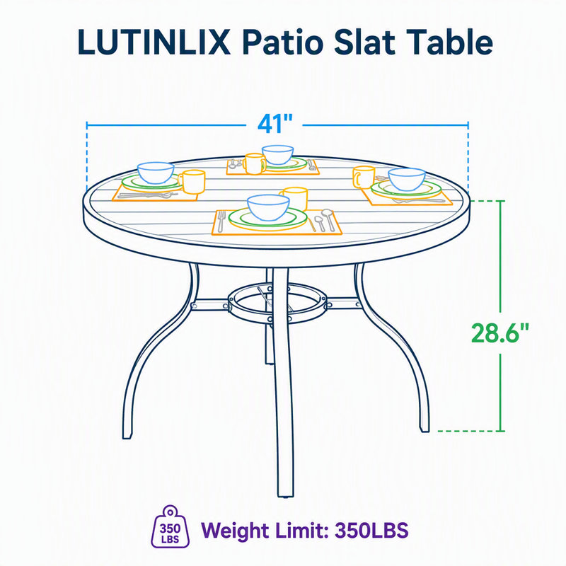 Table de salle à manger ronde noire de 104 cm (41 pouces), monobloc, moderne et polyvalente, idéale pour l'intérieur et l'extérieur, sur une terrasse ou un balcon d'appartement.