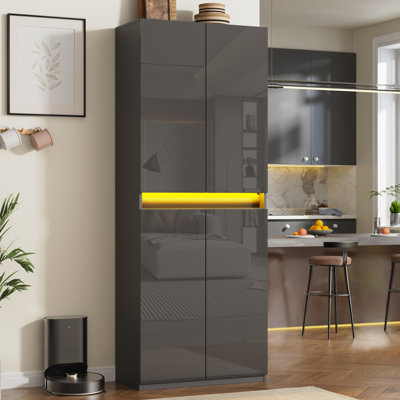 71" Tall Pantry Storage Cabinet, Kitchen Pantry With High Gloss Doors, Modern Buffet Hutch Cabinet With Led Light And Adjustable Shelves For Dining Room, Living Room