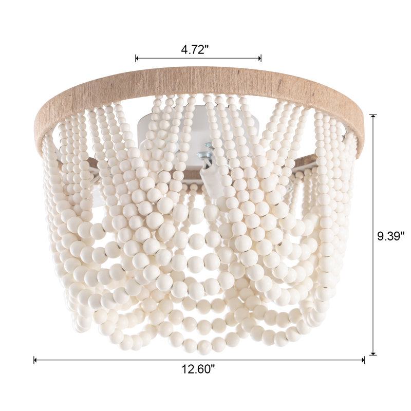 3 - Light 12.6" Unique/Statement Flush Mount Bohemia Wood Beaded Ceiling Light