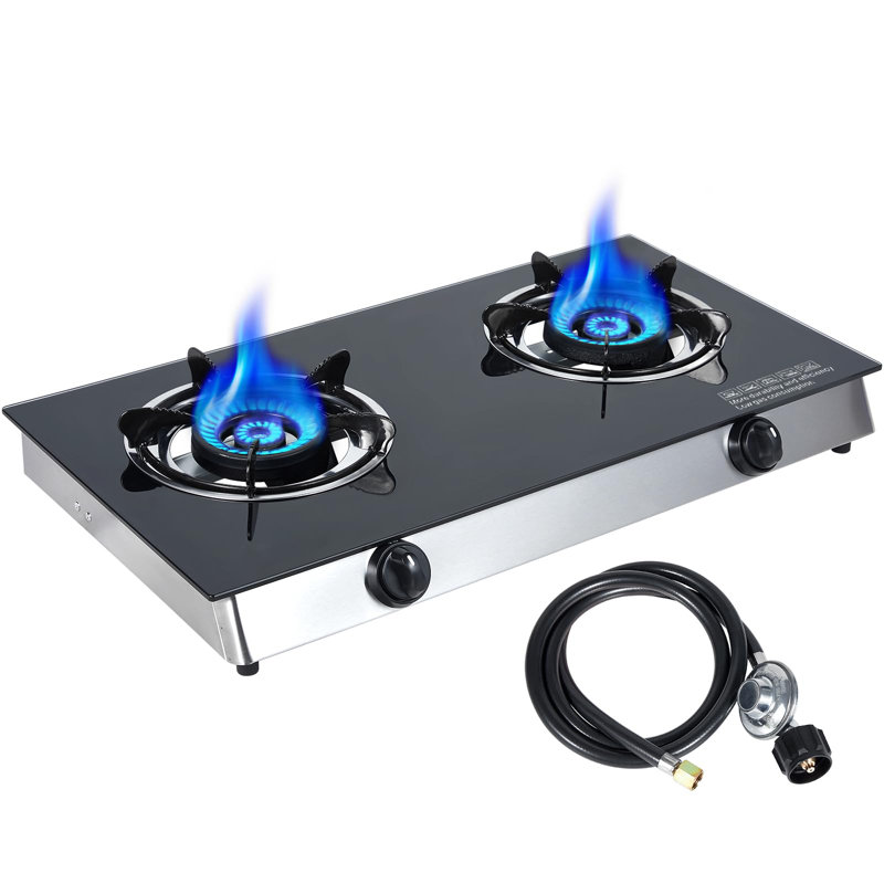 2 Burner Propane Gas Cooktop, Portable Tempered Glass Double Burner Stove With Auto Ignition, 19,000 Btu