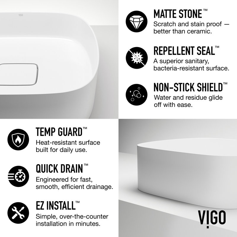 VIGO UltraThin™ 16-in L x 14-in W Matte White Matte Stone™ Vessel Rectangular Minimalist Bathroom Sink