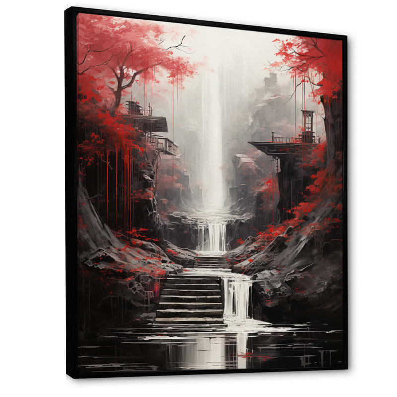 «Red Tree Endless Waterfall Journey», art sur toile, 44" H x 34" W, Cadre flottant noir
