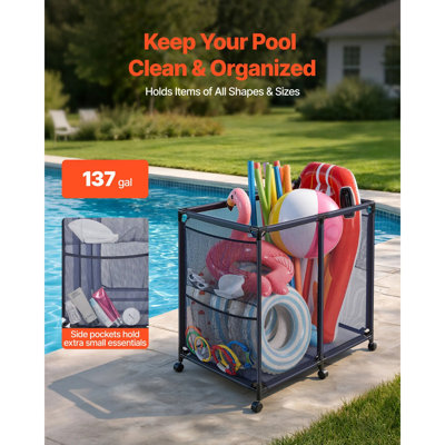 Bac de rangement roulant pour piscine, L 36,8 po x l 24 po x H 35,6 po, structure en métal robuste et filet de polyester, organisateur de jouets de piscine, roulettes verrouillables avec poches latérales