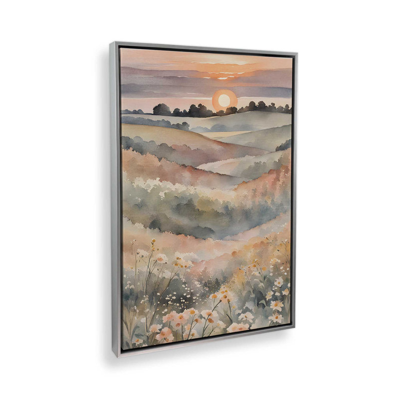 «Sunset in Blooming Valley I», toile roulée, Cadre flottant en chrome poli, H 18,75 po x l 12,75 po