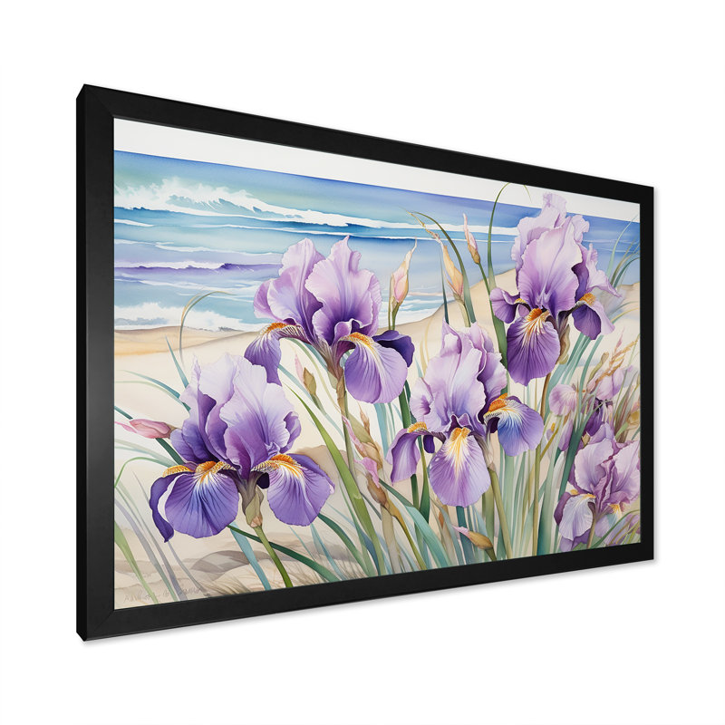 Iris mauves sur la plage sur toile, H 24 po x l 32 po x P 1 po, Cadre simple noir