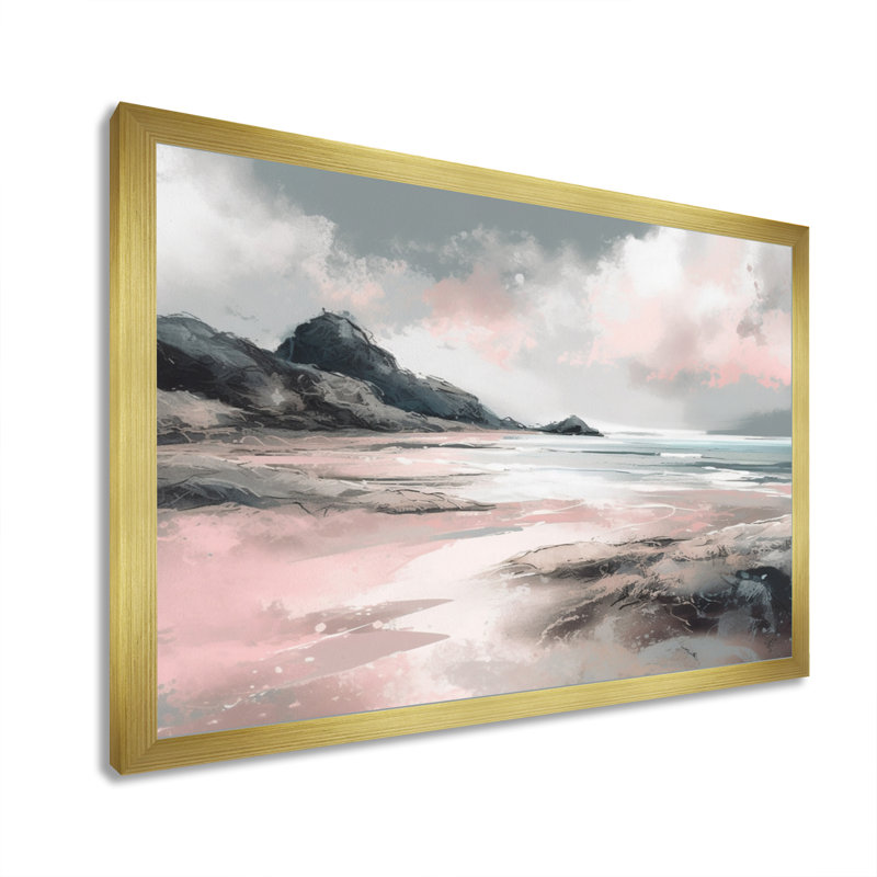 «Pink Coastal Waves I - Modern Beach», reproduction sur toile, H 12 po x l 20 po x P 1 po, Encadrement doré