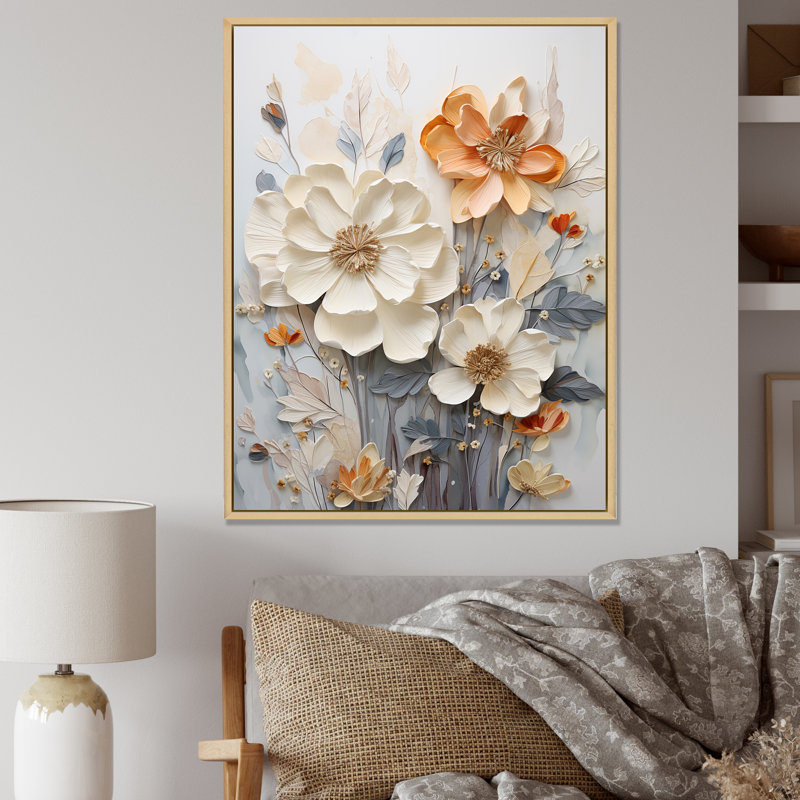 «Blue and White Seasonal Collage Flowers I», reproduction sur toile, Cadre naturel flottant, H 40 po x l 30 po x P 1,5 po