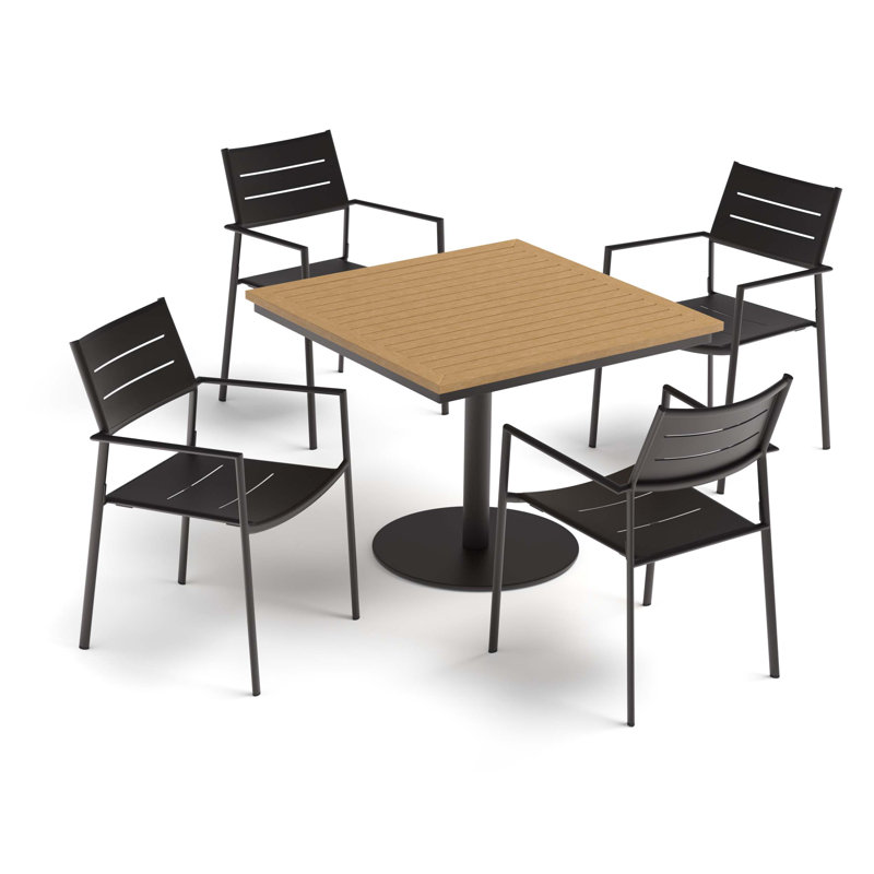 Eiland 5-Piece 36" Square Dining Table & Aluminum Dining Chairs Set - Natural Tekwood Top - Carbon
