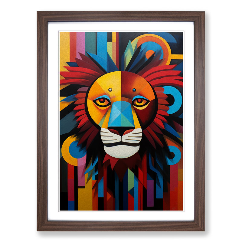 Lion Constructivism - Single Picture Frame Print on Wood, 34cm H x 25cm W x 2cm D, Walnut