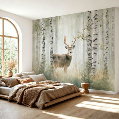 Wall Mural Peel and Stick Wallpaper Deer Birch Forest Woodland Scene Soft Watercolor Style Autumn Self-Adhesive Removable Contact Paper Wall Decor for Living Room Bedroom 69"H x 96"W