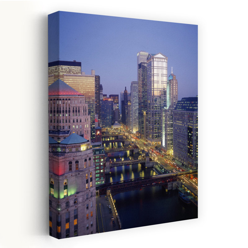 Skyscrapers lit up at night Chicago River Chicago Cook County Illinois USA 1 Piece Wrapped Canvas Wall Art